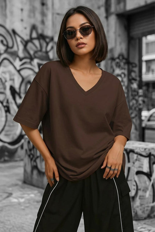 Zey Oversize V Yaka Basic Kadın Tişört - Düşük Omuzlu Salaş Kesim