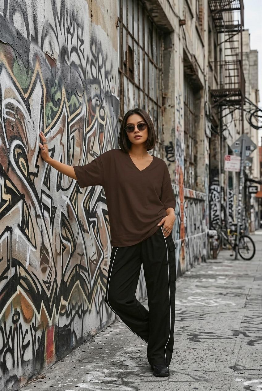 Zey Oversize V Yaka Basic Kadın Tişört - Düşük Omuzlu Salaş Kesim
