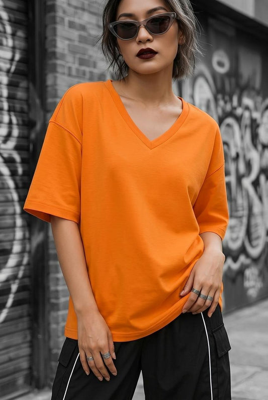 Zey Oversize V Yaka Basic Kadın Tişört - Düşük Omuzlu Salaş Kesim