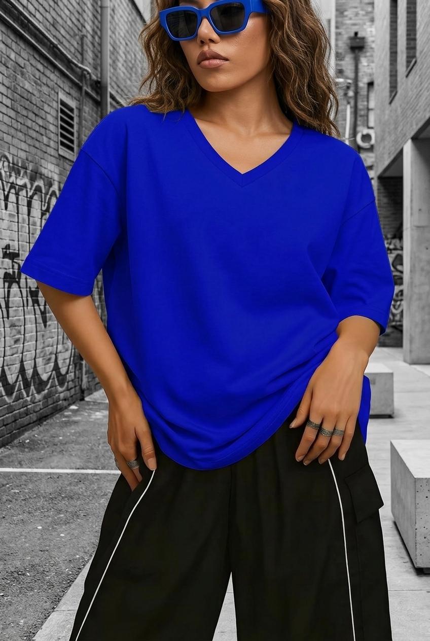 Zey Oversize V Yaka Basic Kadın Tişört - Düşük Omuzlu Salaş Kesim
