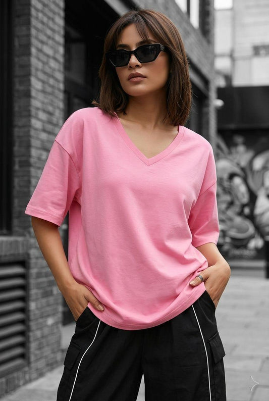 Zey Oversize V Yaka Basic Kadın Tişört - Düşük Omuzlu Salaş Kesim